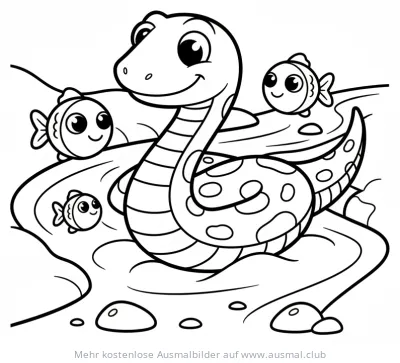 Freundliche Schlange schwimmt mit Fischen im Fluss Ausmalbild