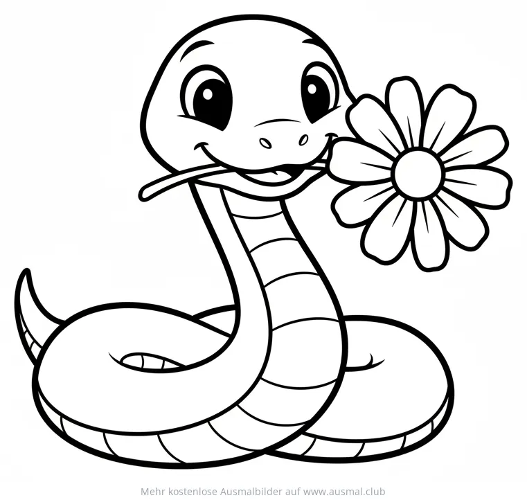 Freundliche Schlange hält Blume im Maul Ausmalbild