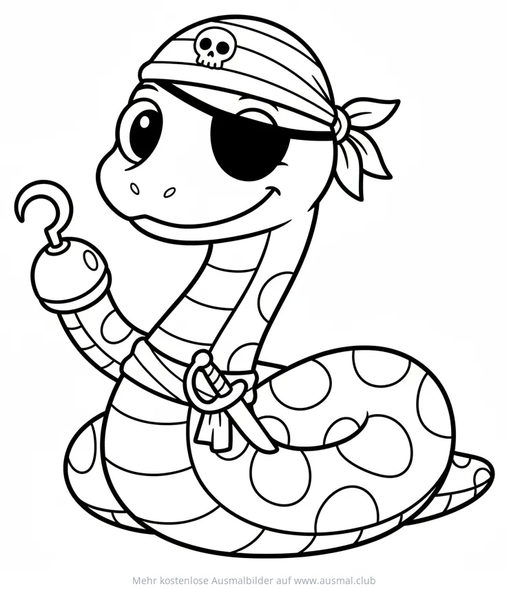 Schlange als Pirat mit Augenklappe und Haken Ausmalbild