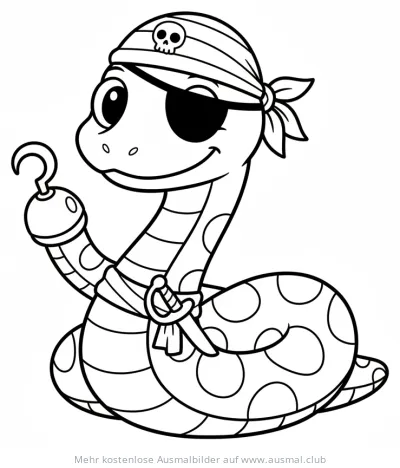 Schlange als Pirat mit Augenklappe und Haken Ausmalbild