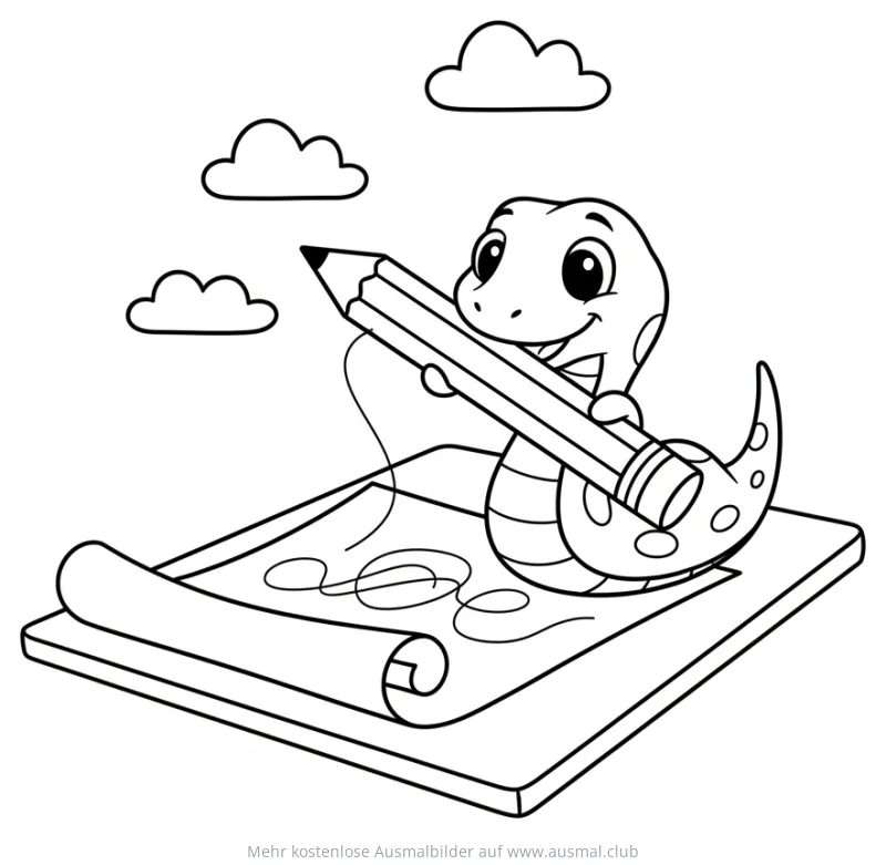 Niedliche Schlange hält Bleistift und malt auf Blatt Papier Ausmalbild