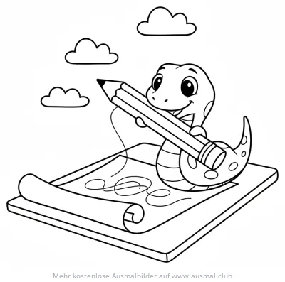 Niedliche Schlange hält Bleistift und malt auf Blatt Papier Ausmalbild