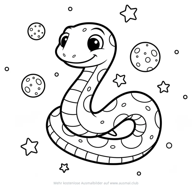 Niedliche Schlange im Weltall Ausmalbild mit Sternen und Planeten