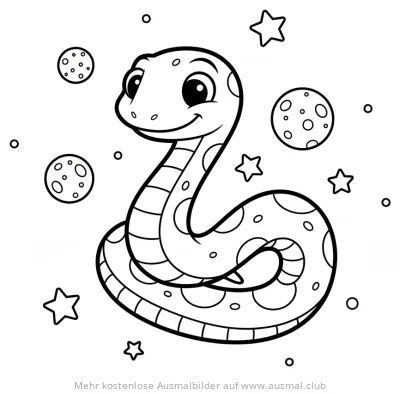 Niedliche Schlange im Weltall Ausmalbild mit Sternen und Planeten