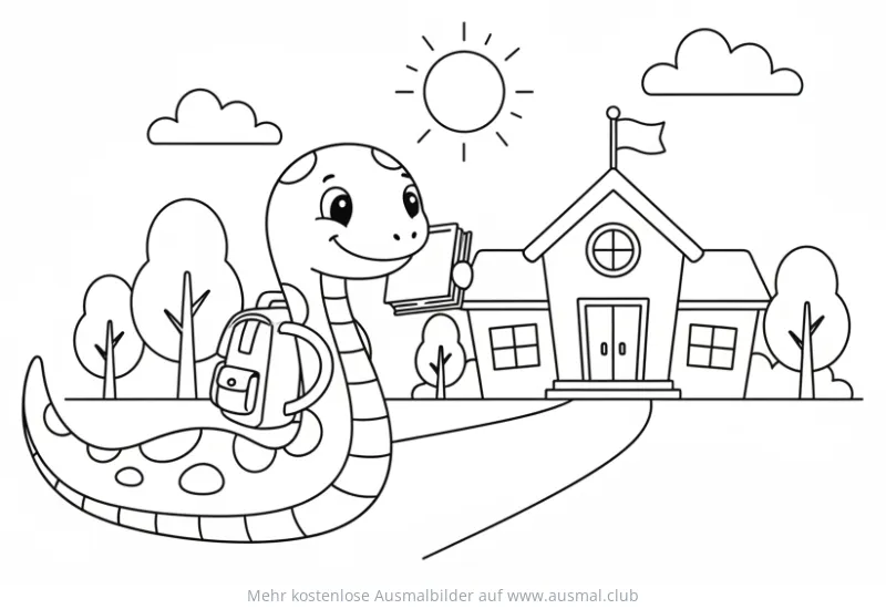 Schlange mit Rucksack und Buch vor Schule Ausmalbild