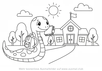 Schlange mit Rucksack und Buch vor Schule Ausmalbild