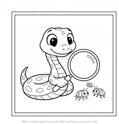 Schlange mit Lupe betrachtet Marienkäfer Ausmalbild