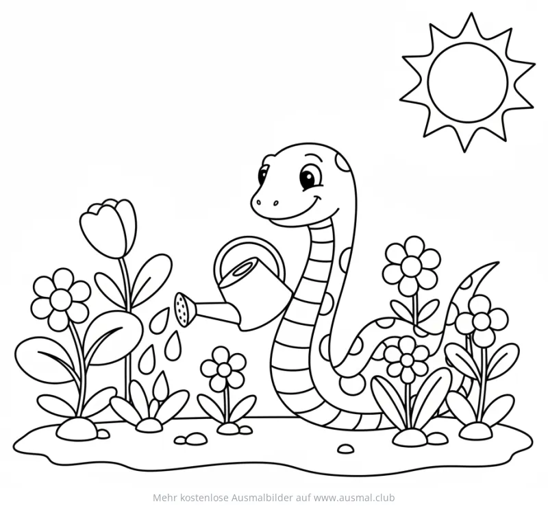 Schlange gießt Blumen Ausmalbild