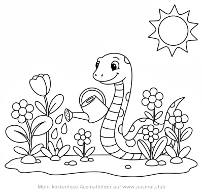 Schlange gießt Blumen Ausmalbild