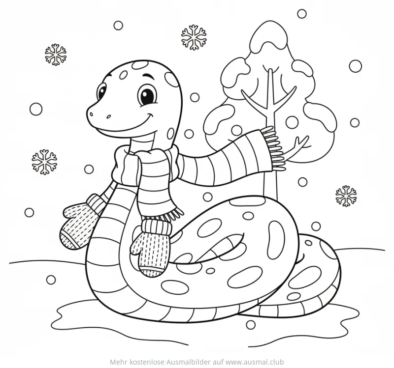 Winter-Schlange mit Schal und Schneeflocken Ausmalbild
