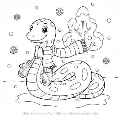 Winter-Schlange mit Schal und Schneeflocken Ausmalbild