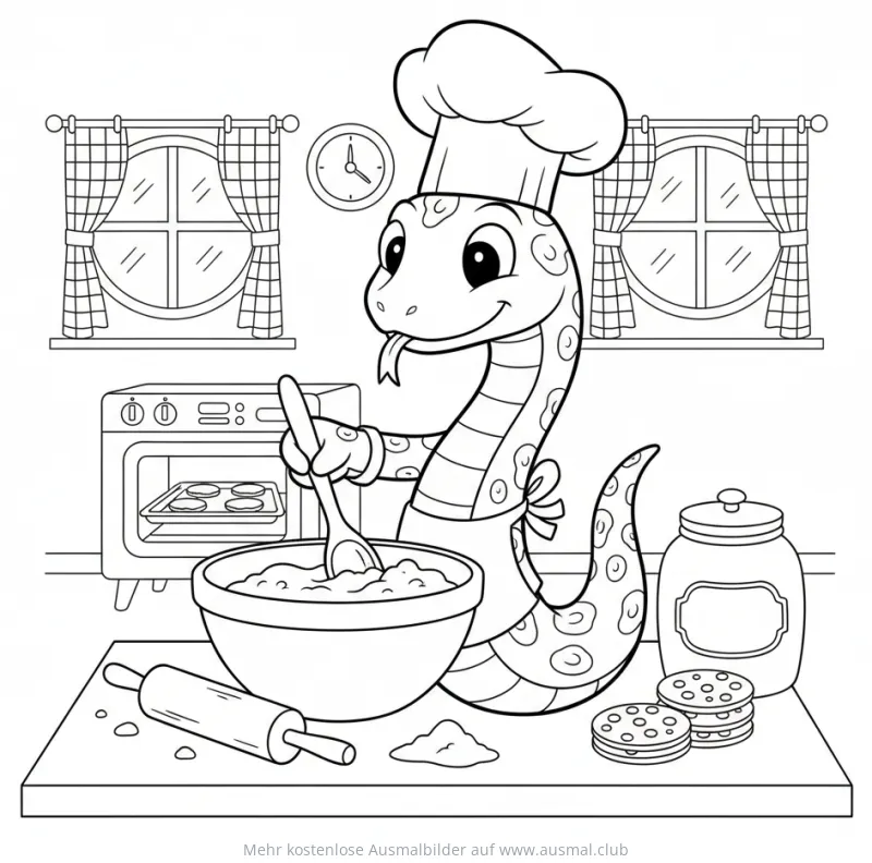 Schlange mit Kochmütze beim Backen Ausmalbild