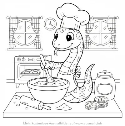 Schlange mit Kochmütze beim Backen Ausmalbild