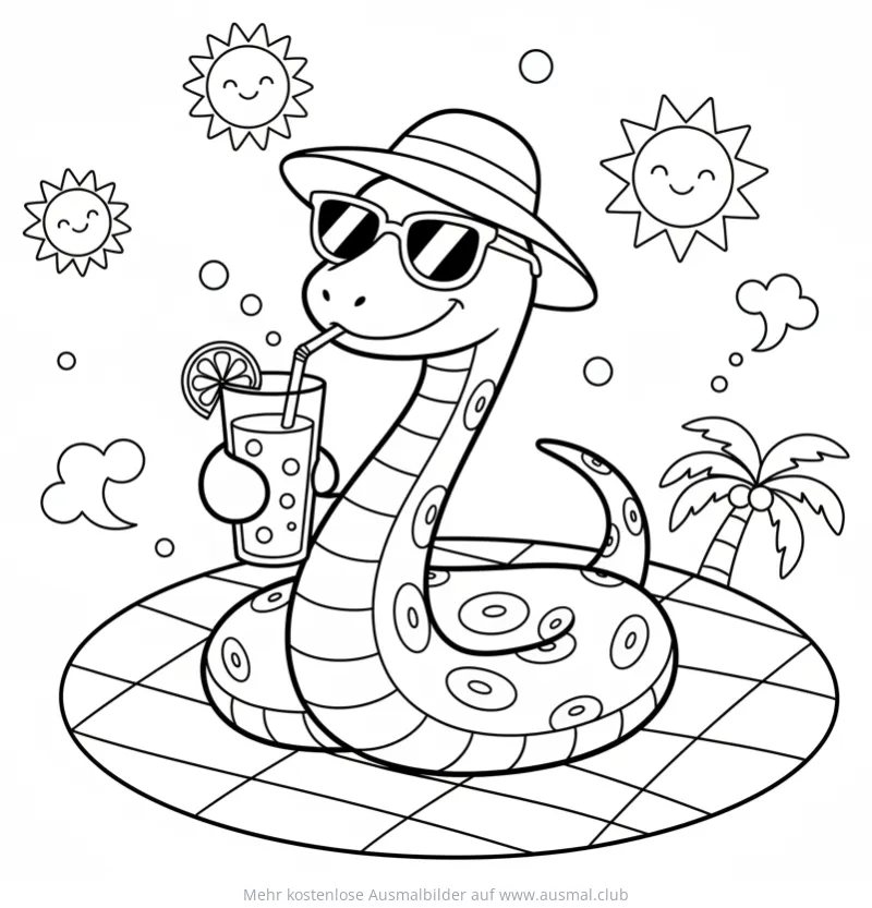 Schlange mit Sonnenbrille und Limonade auf Luftmatratze Ausmalbild