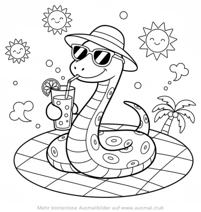Schlange mit Sonnenbrille und Limonade auf Luftmatratze Ausmalbild