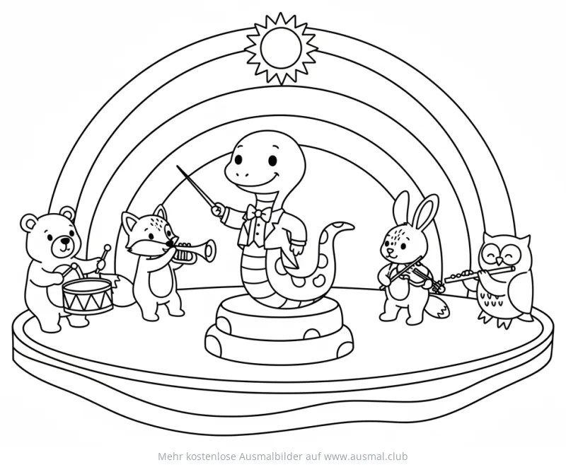 Schlange dirigiert Orchester mit Bär, Fuchs, Hase und Eule Ausmalbild