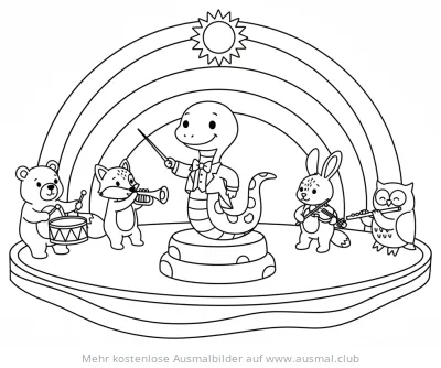Schlange dirigiert Orchester mit Bär, Fuchs, Hase und Eule Ausmalbild