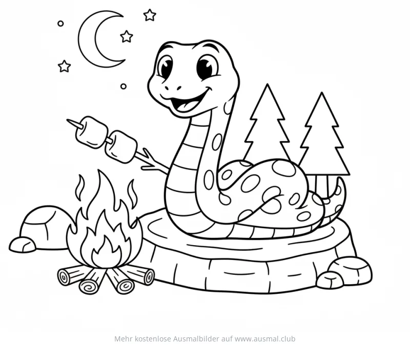 Freundliche Schlange röstet Marshmallows am Lagerfeuer Ausmalbild