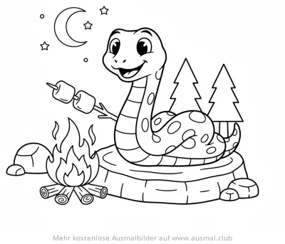 Freundliche Schlange röstet Marshmallows am Lagerfeuer Ausmalbild