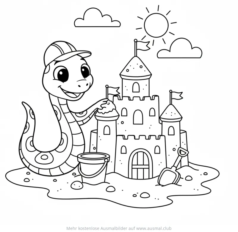Schlange mit Bauhelm baut Sandburg Ausmalbild
