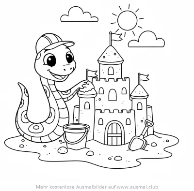 Schlange mit Bauhelm baut Sandburg Ausmalbild