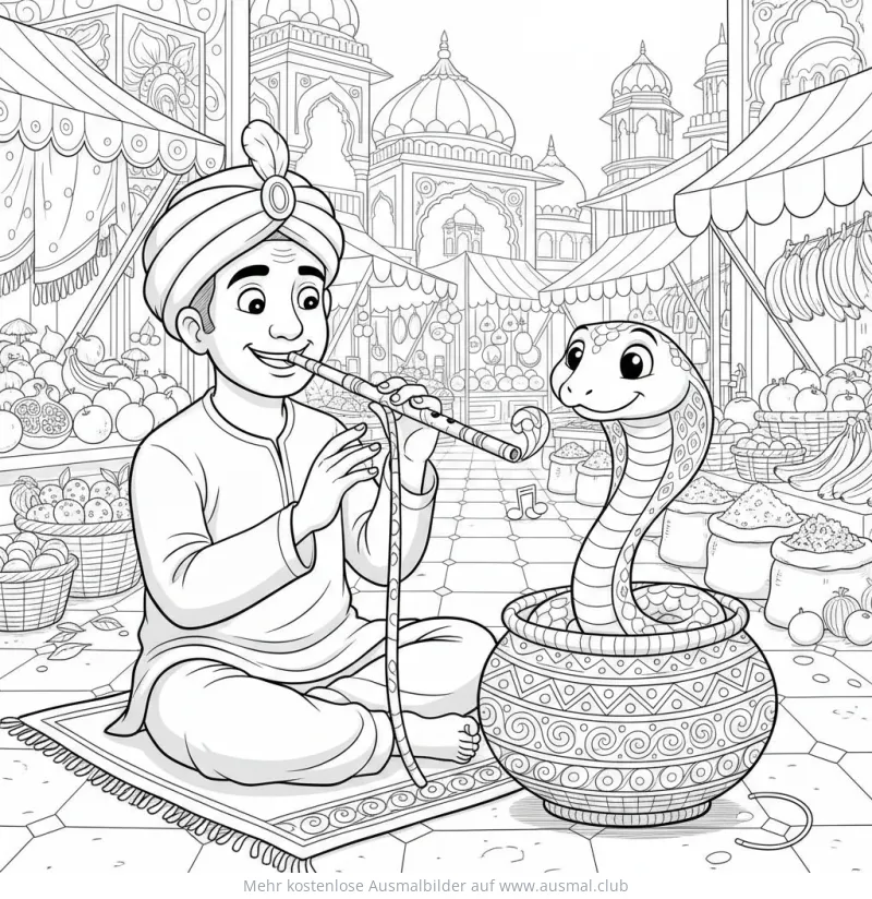 Schlangenbeschwörer mit Kobra und Flöte auf dem Marktplatz Ausmalbild