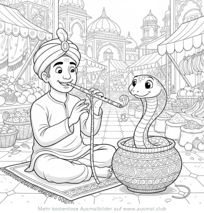 Schlangenbeschwörer mit Kobra und Flöte auf dem Marktplatz Ausmalbild