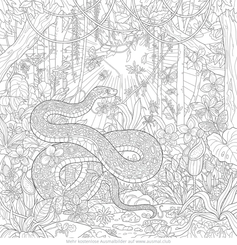 Schlange im Dschungel Ausmalbild mit Blumen und Schmetterlingen