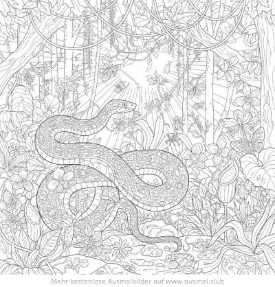 Schlange im Dschungel Ausmalbild mit Blumen und Schmetterlingen
