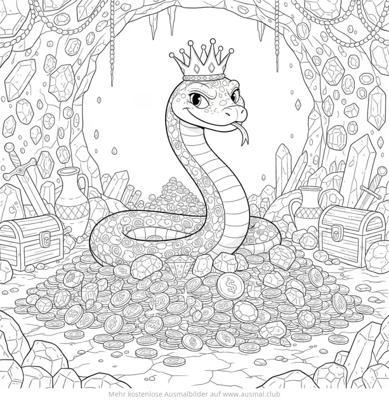 Schlange mit Krone auf einem Schatzhaufen in einer Höhle Ausmalbild