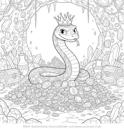 Schlange mit Krone auf einem Schatzhaufen in einer Höhle Ausmalbild