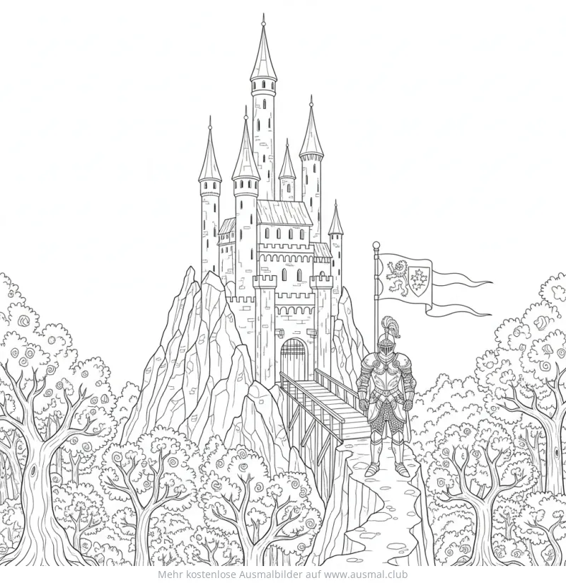 Ritterburg Ausmalbild mit Ritter und Flagge
