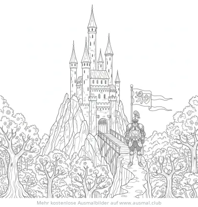 Ritterburg Ausmalbild mit Ritter und Flagge