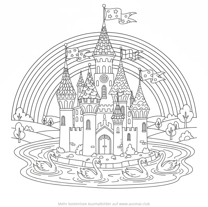 Märchenschloss mit Regenbogen und Schwänen Ausmalbild
