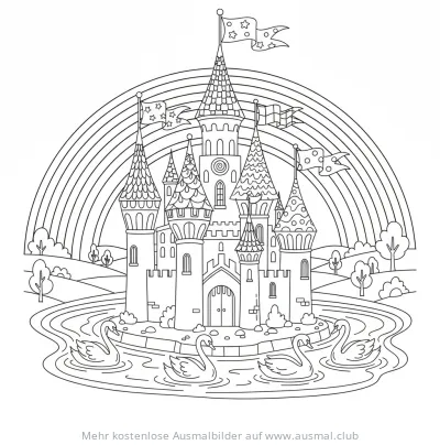 Märchenschloss mit Regenbogen und Schwänen Ausmalbild
