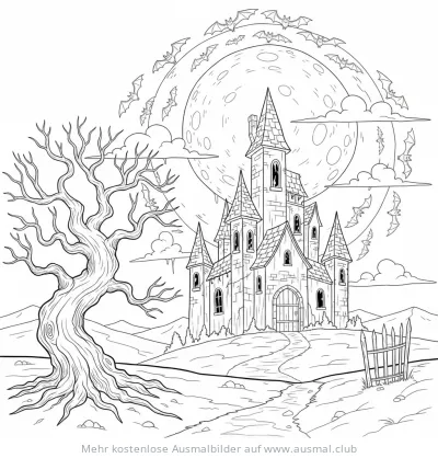 Spukschloss mit Fledermäusen und Vollmond Ausmalbild