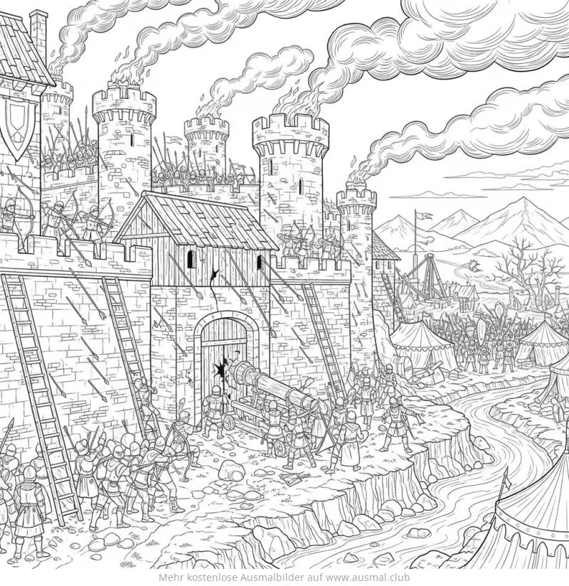 Belagerung einer Burg Ausmalbild mit Bogenschützen, Kanone und Leitern
