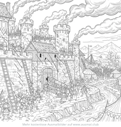 Belagerung einer Burg Ausmalbild mit Bogenschützen, Kanone und Leitern