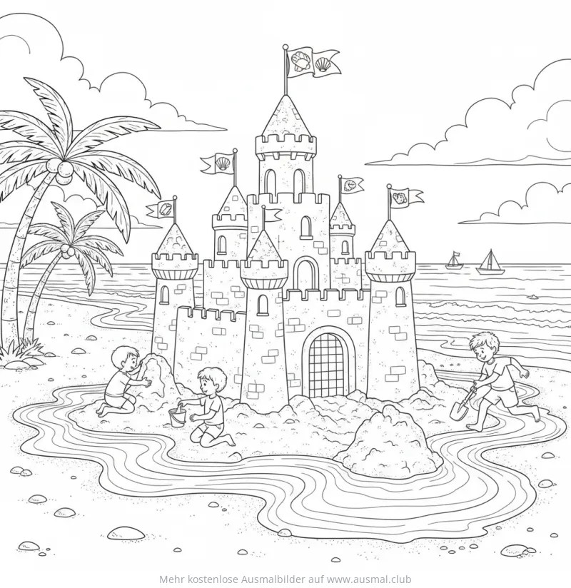 Sandburg Ausmalbild mit spielenden Kindern am Strand