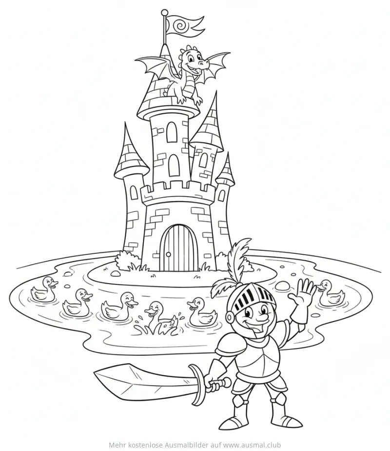 Ritterburg mit Drache und Ritter Ausmalbild
