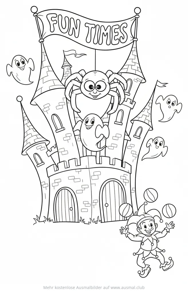 Geisterburg mit Spinne, Geistern und Narr Ausmalbild