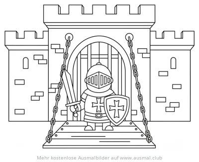 Ritter vor Burgtor mit Schwert und Schild Ausmalbild