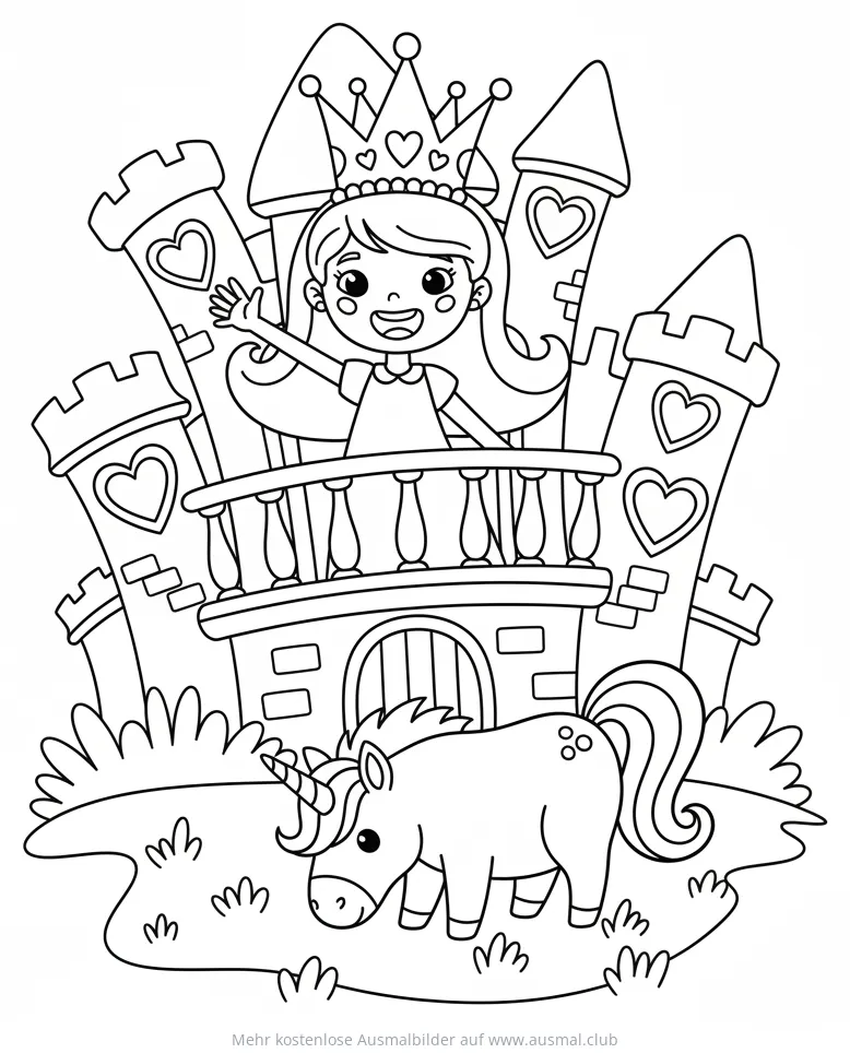 Prinzessin winkt vom Schlossbalkon mit Einhorn Ausmalbild