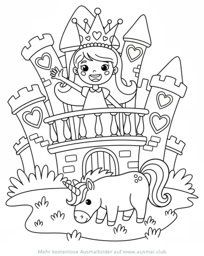 Prinzessin winkt vom Schlossbalkon mit Einhorn Ausmalbild