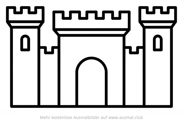 Einfaches Schloss Ausmalbild mit drei Türmen und Torbogen