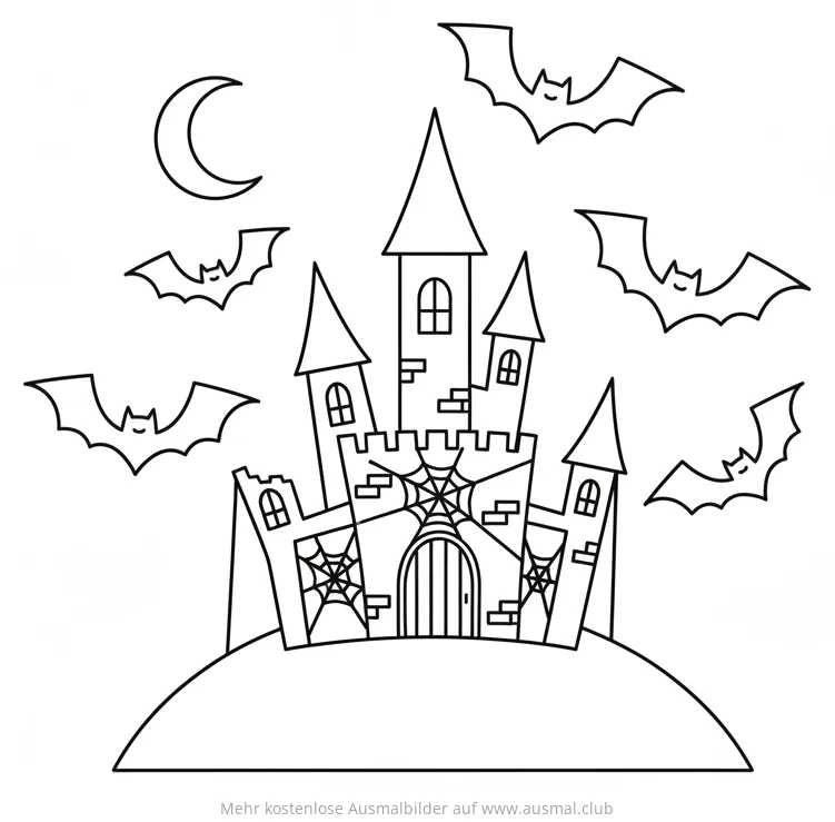 Geisterburg mit Fledermäusen und Mond Ausmalbild