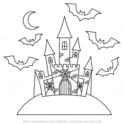Geisterburg mit Fledermäusen und Mond Ausmalbild