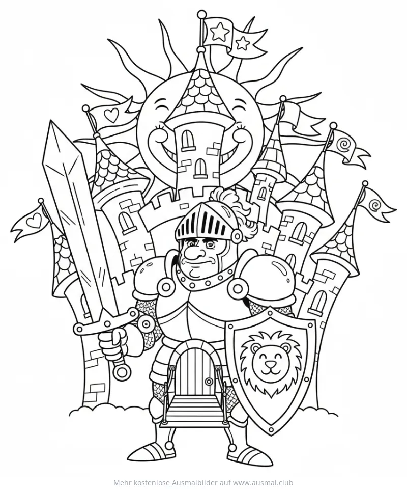 Ritter mit Schwert und Schild vor Burg Ausmalbild