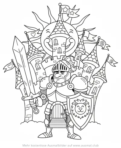 Ritter mit Schwert und Schild vor Burg Ausmalbild