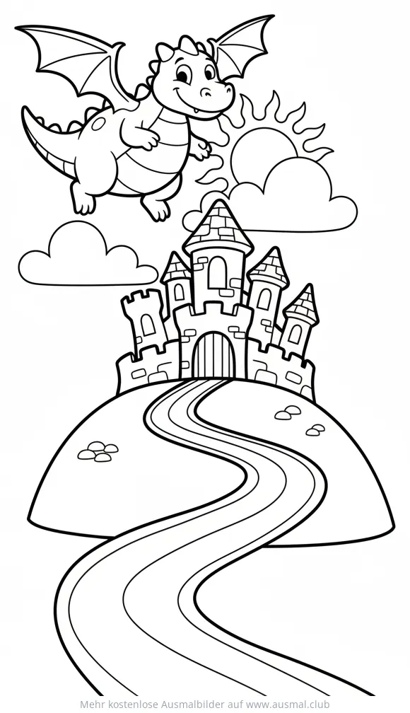 Freundlicher Drache fliegt vor Schloss Ausmalbild